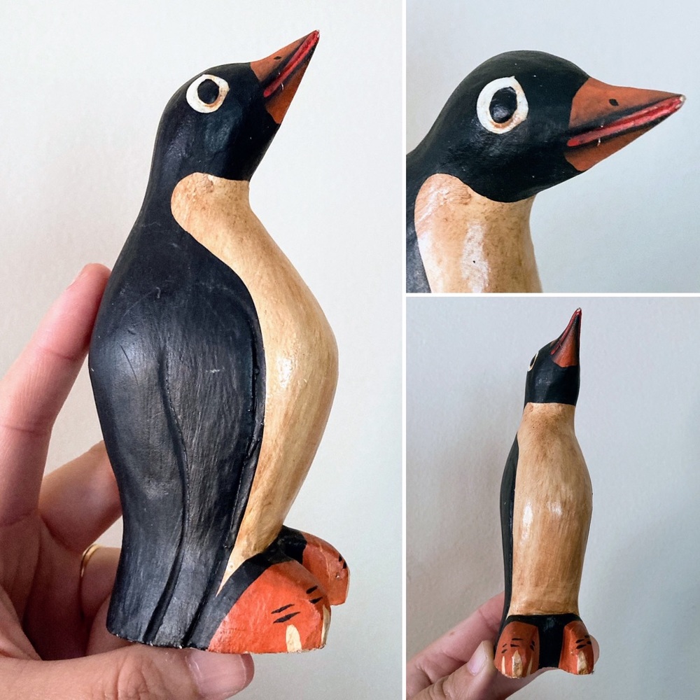 Vintage Handmade Folk Art Penguin Wooden Hand Carved Statue Figurine Sculpture